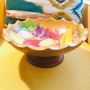 Vintage Woodcroftery Fruit Bowl Pedestal Scallop Painted Wood yellow red green